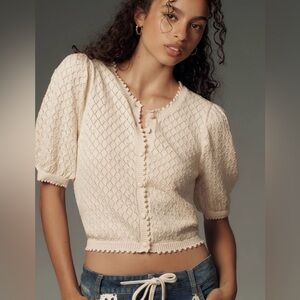 Anthropologie Puff-Sleeved Pointelle Cardigan Sweater Only worn